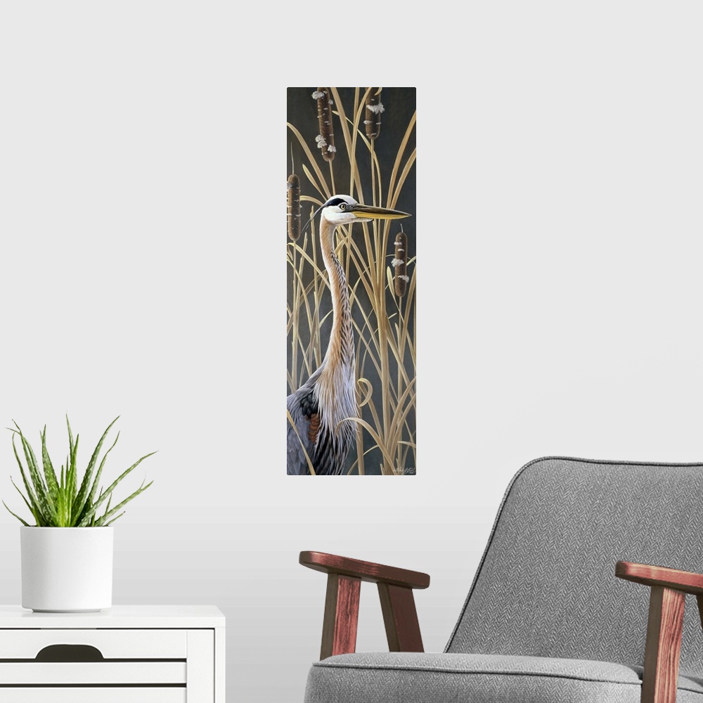 A modern room featuring Heron standing in the grass.