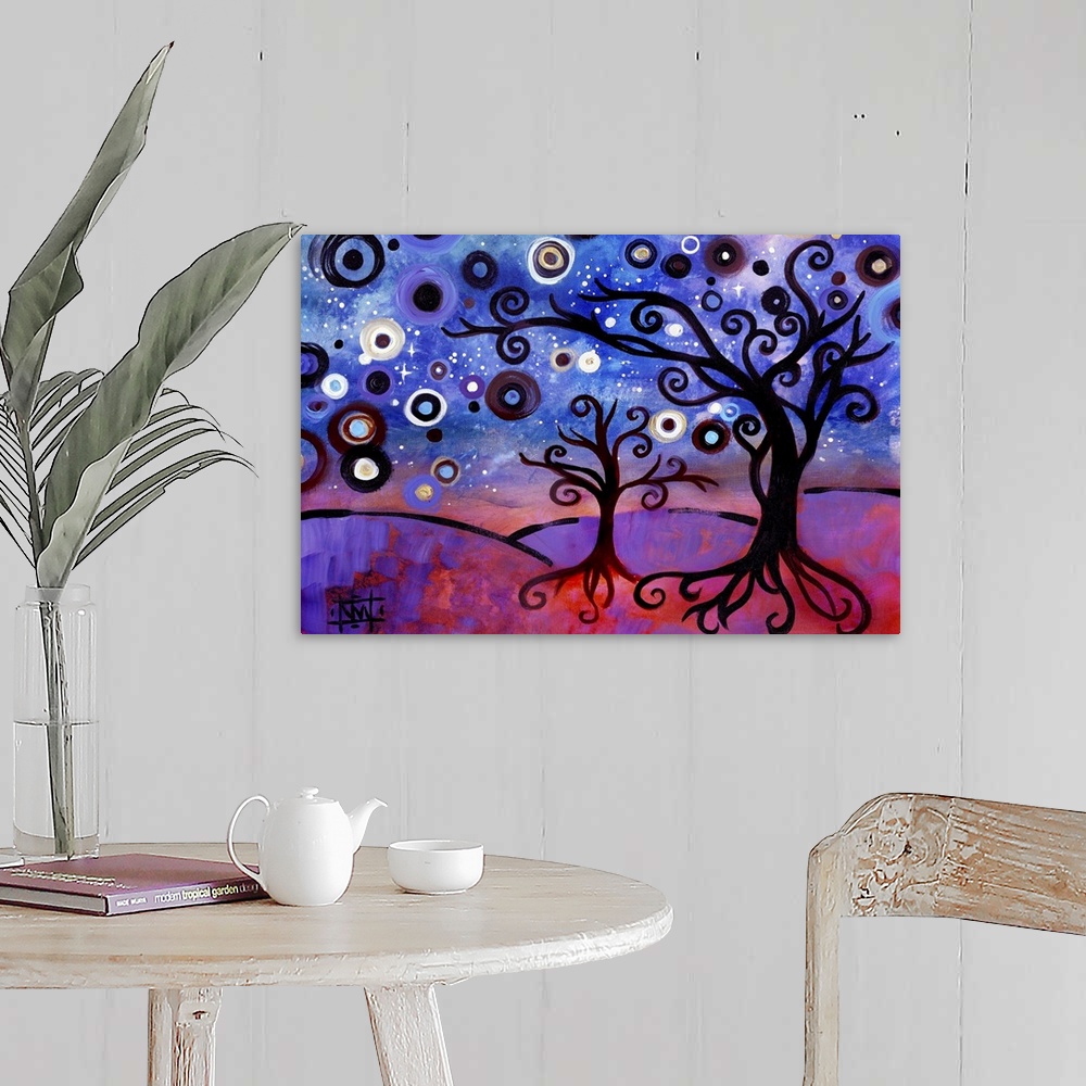 A farmhouse room featuring Contemporary painting of two trees with curly branches and a starry sky.