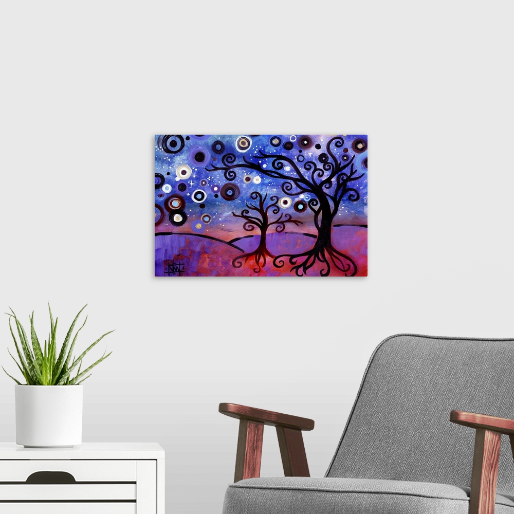 A modern room featuring Contemporary painting of two trees with curly branches and a starry sky.