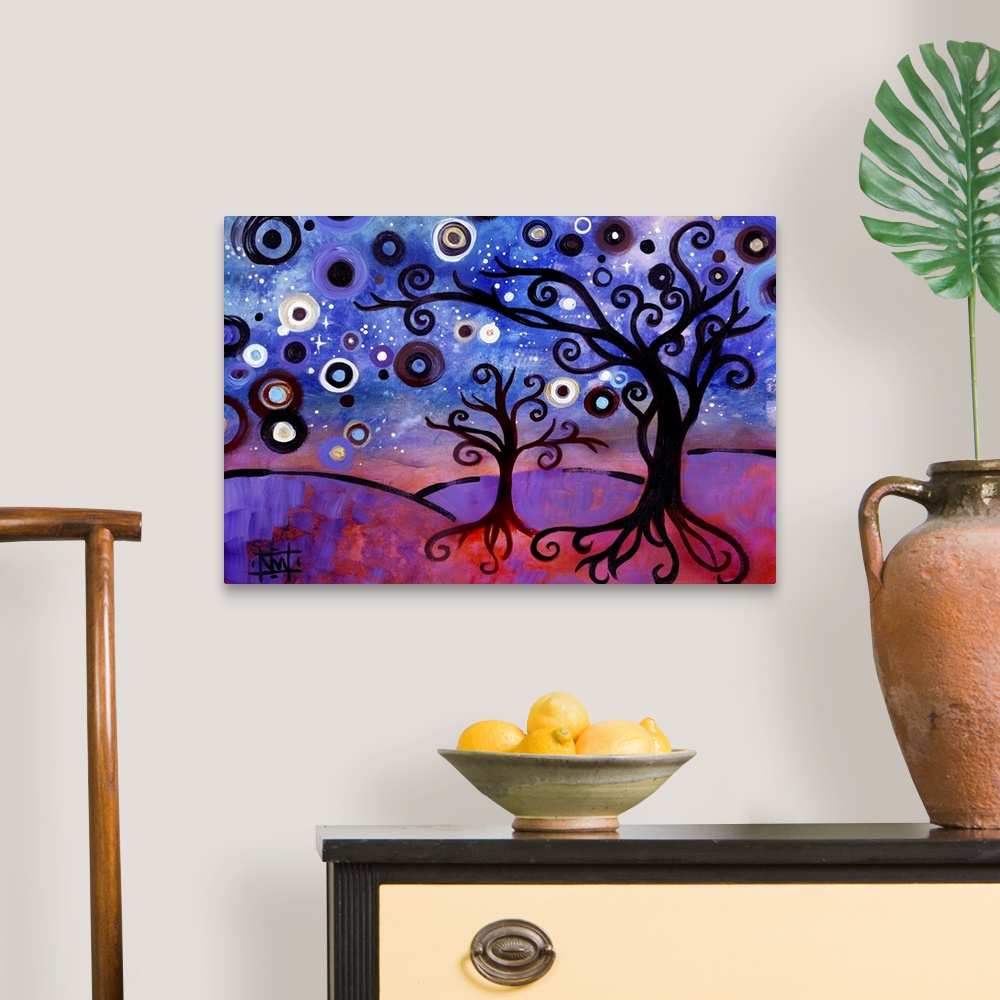 A traditional room featuring Contemporary painting of two trees with curly branches and a starry sky.