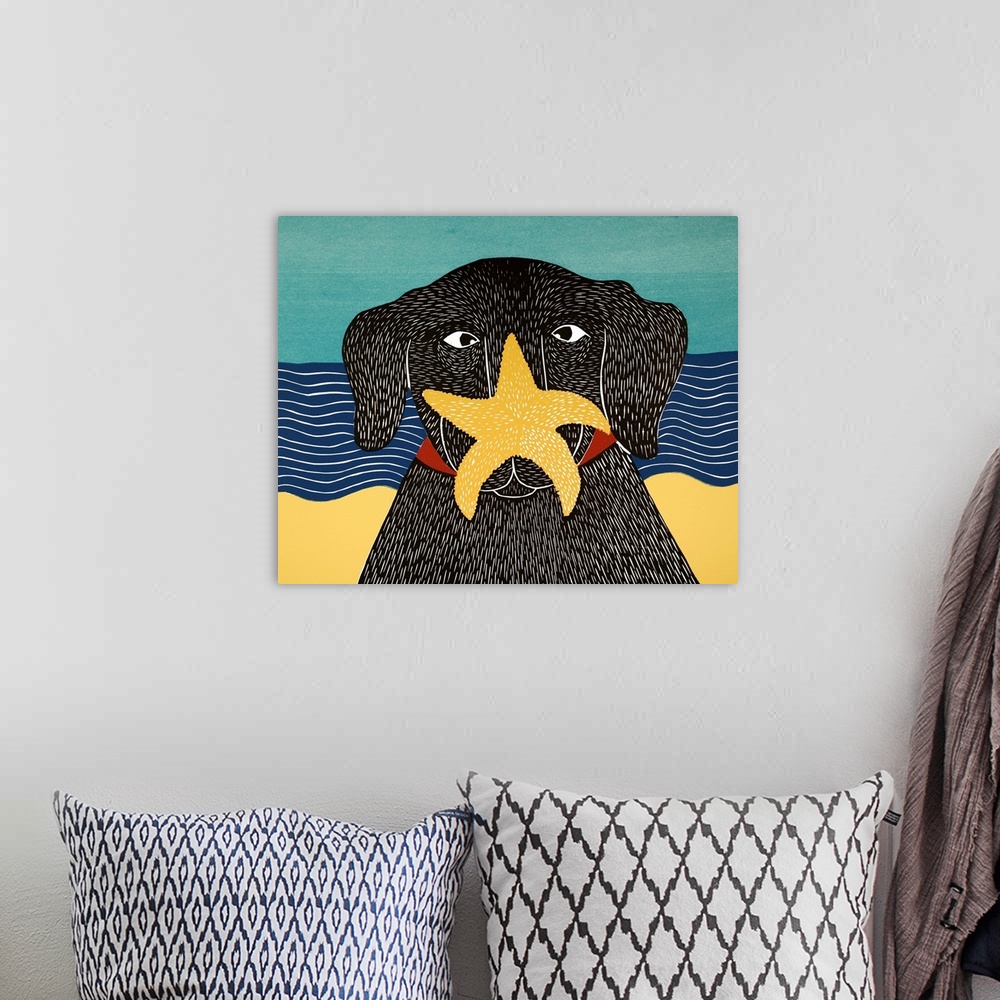 A bohemian room featuring Illustration of a black lab at the beach with a starfish on its nose.