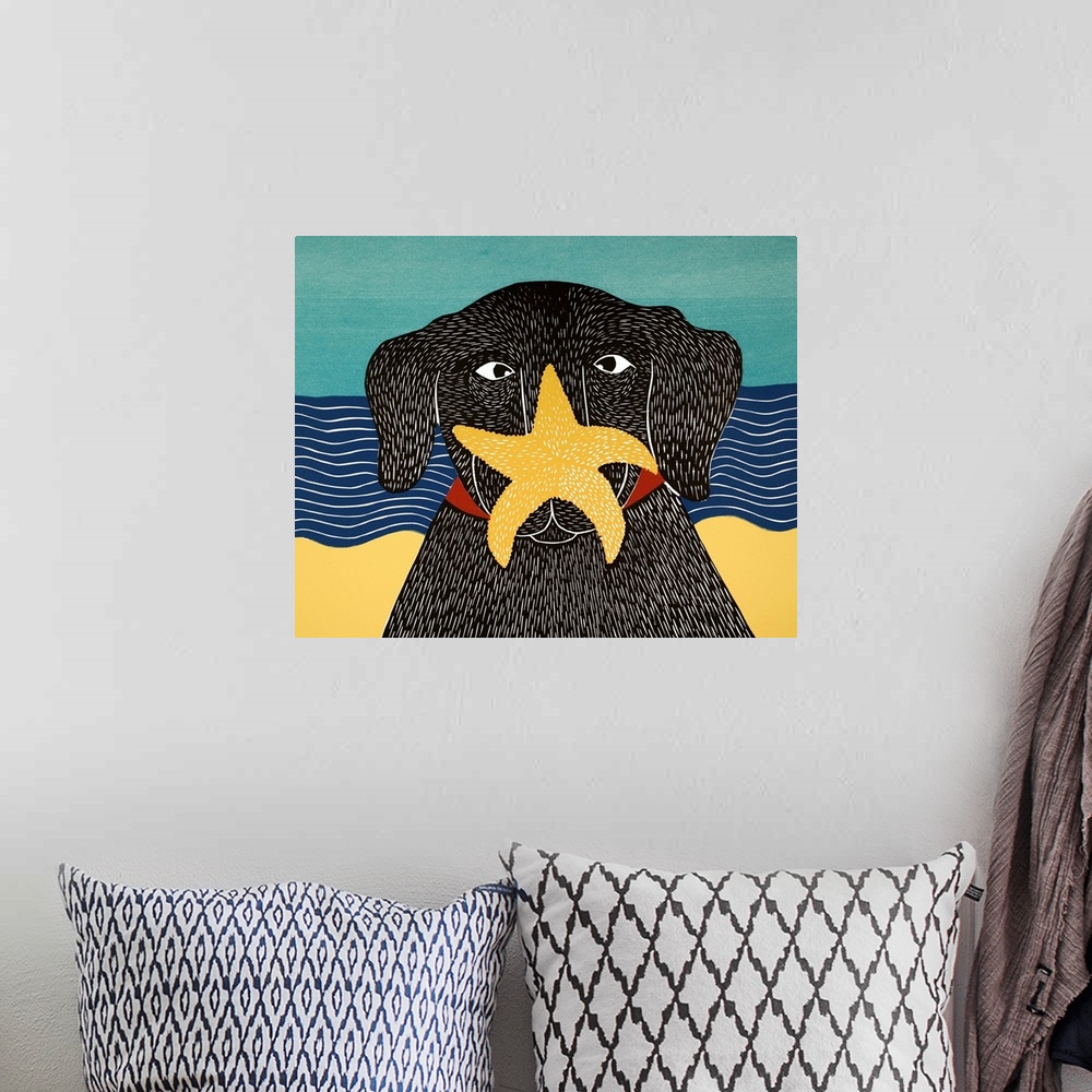 A bohemian room featuring Illustration of a black lab at the beach with a starfish on its nose.