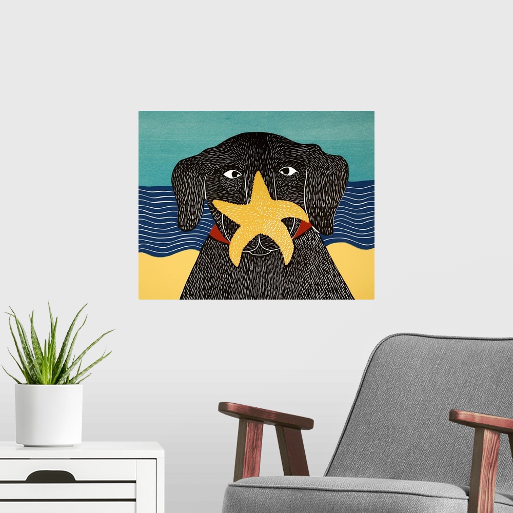 A modern room featuring Illustration of a black lab at the beach with a starfish on its nose.