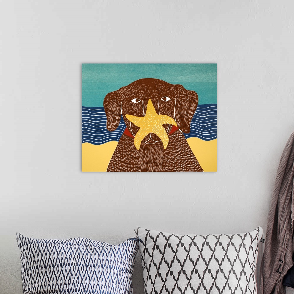 A bohemian room featuring Illustration of a chocolate lab at the beach with a starfish on its nose.