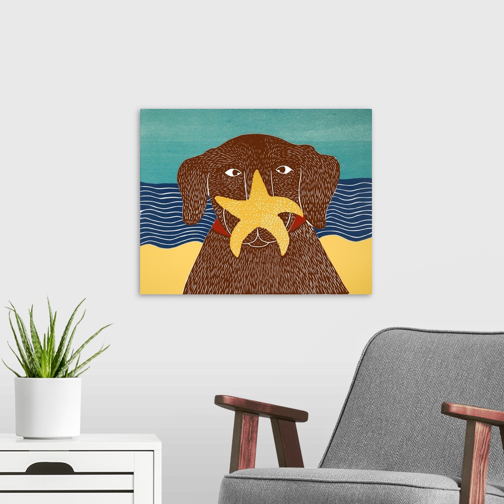A modern room featuring Illustration of a chocolate lab at the beach with a starfish on its nose.