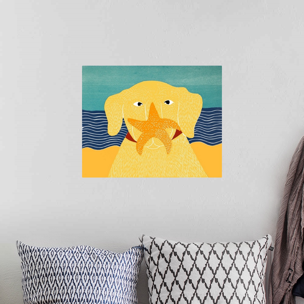 A bohemian room featuring Illustration of a yellow lab at the beach with a starfish on its nose.
