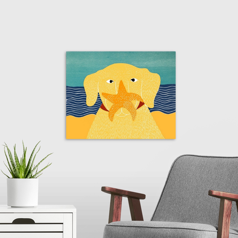A modern room featuring Illustration of a yellow lab at the beach with a starfish on its nose.