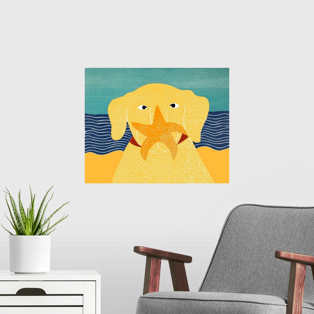 A modern room featuring Illustration of a yellow lab at the beach with a starfish on its nose.