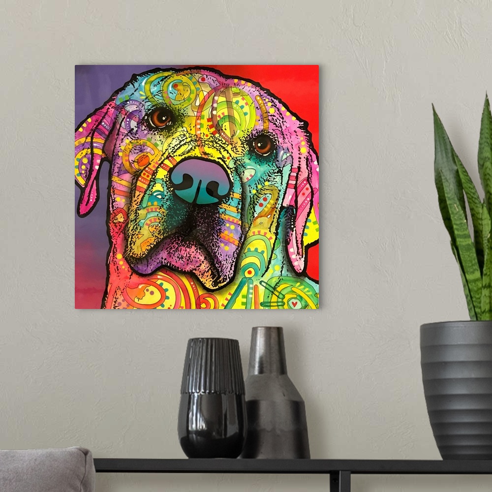 A modern room featuring Square painting of a colorful Labrador face with graffiti-like designs on a red and purple backgr...