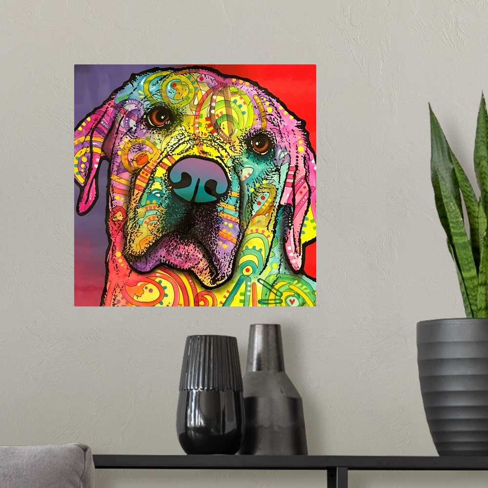 A modern room featuring Square painting of a colorful Labrador face with graffiti-like designs on a red and purple backgr...