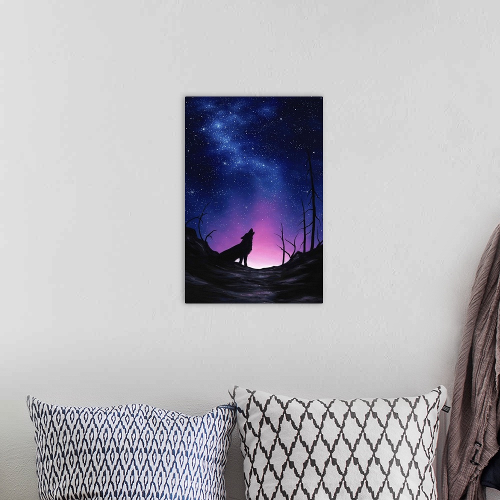 A bohemian room featuring A contemporary painting of a silhouetted wolf howling up at the night sky.