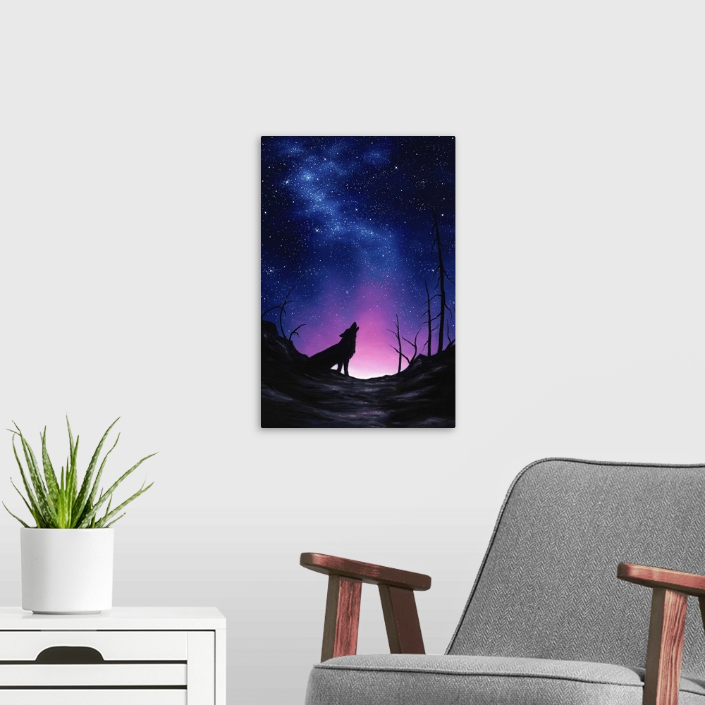 A modern room featuring A contemporary painting of a silhouetted wolf howling up at the night sky.