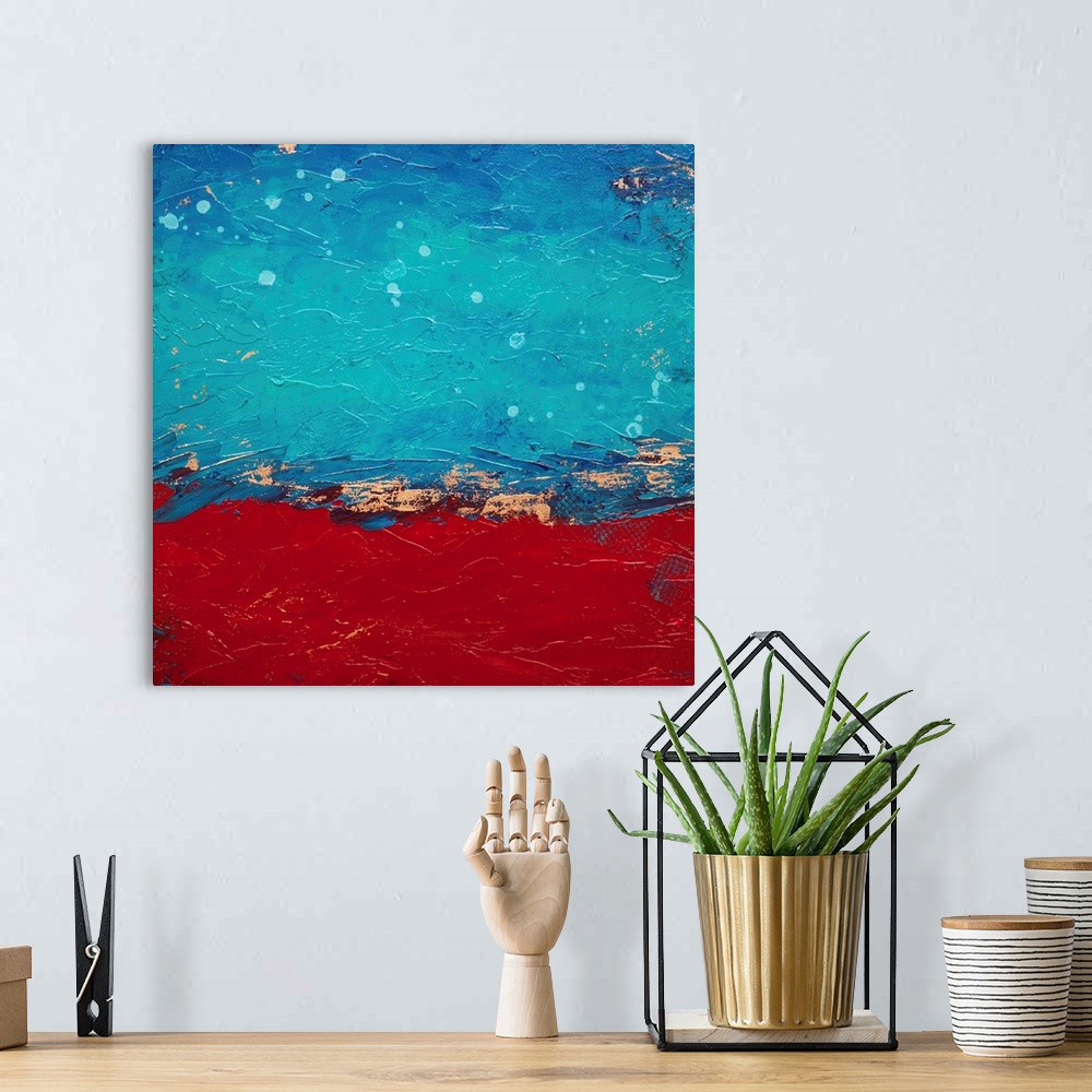 A bohemian room featuring Contemporary abstract painting in red, blue, and white.
