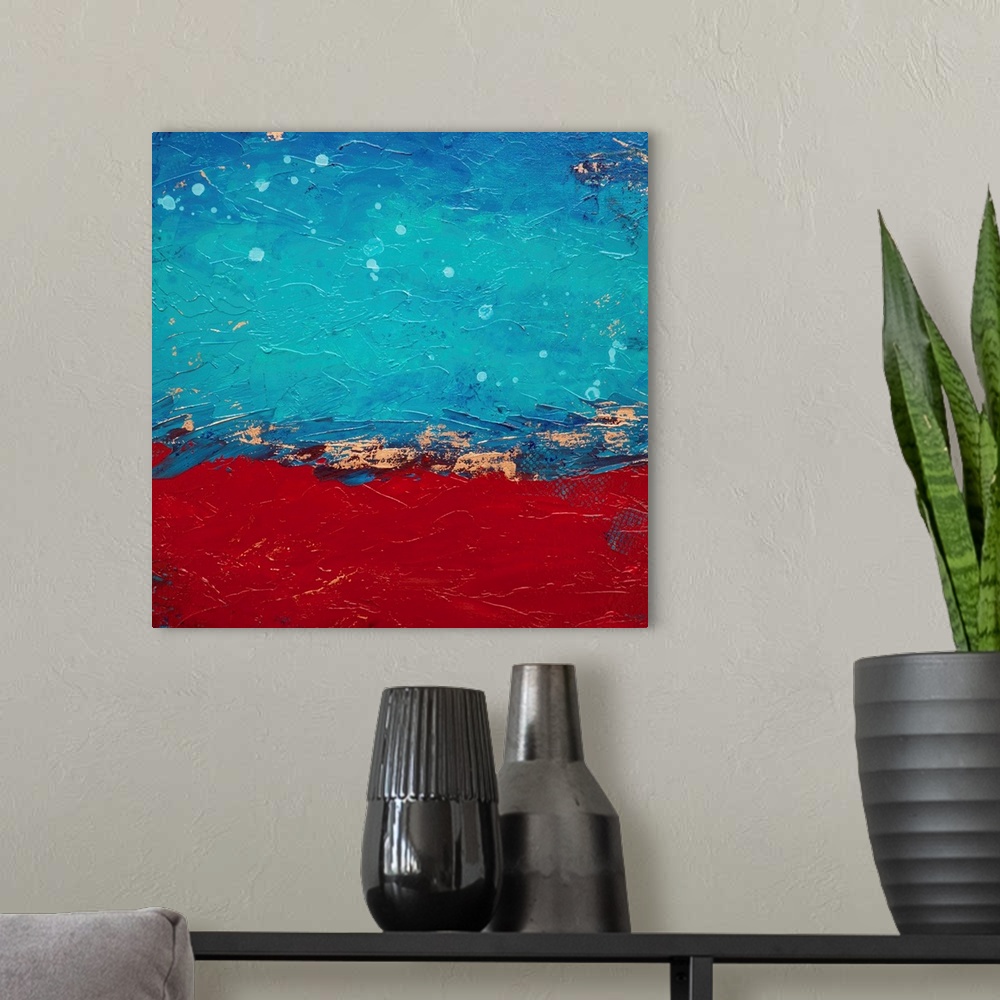 A modern room featuring Contemporary abstract painting in red, blue, and white.