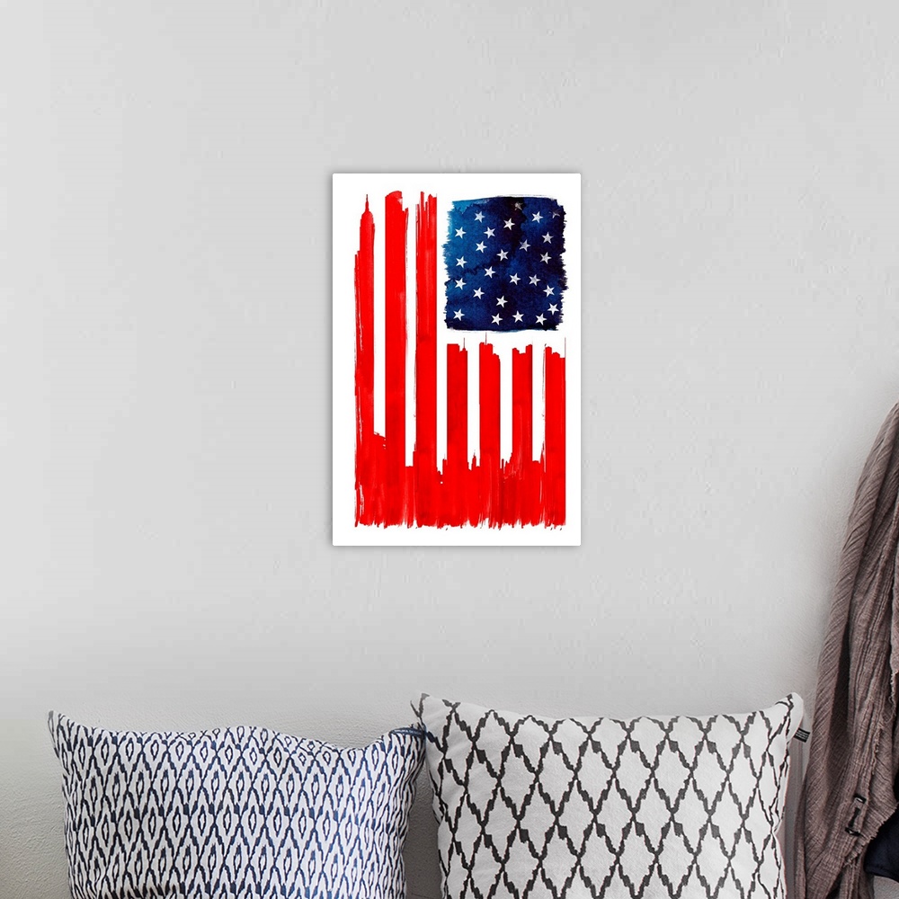 A bohemian room featuring Pop art of a skyline of skyscrapers and a starry sky resembling the American flag.