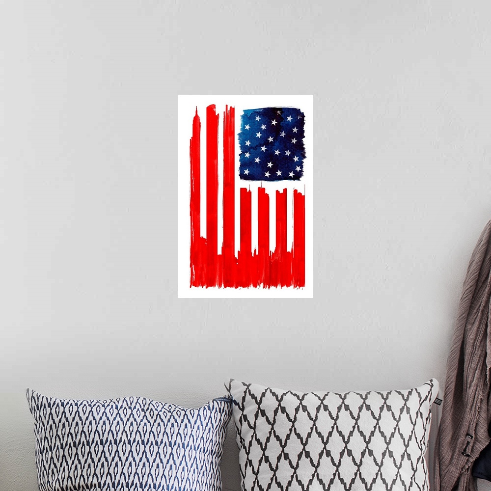 A bohemian room featuring Pop art of a skyline of skyscrapers and a starry sky resembling the American flag.
