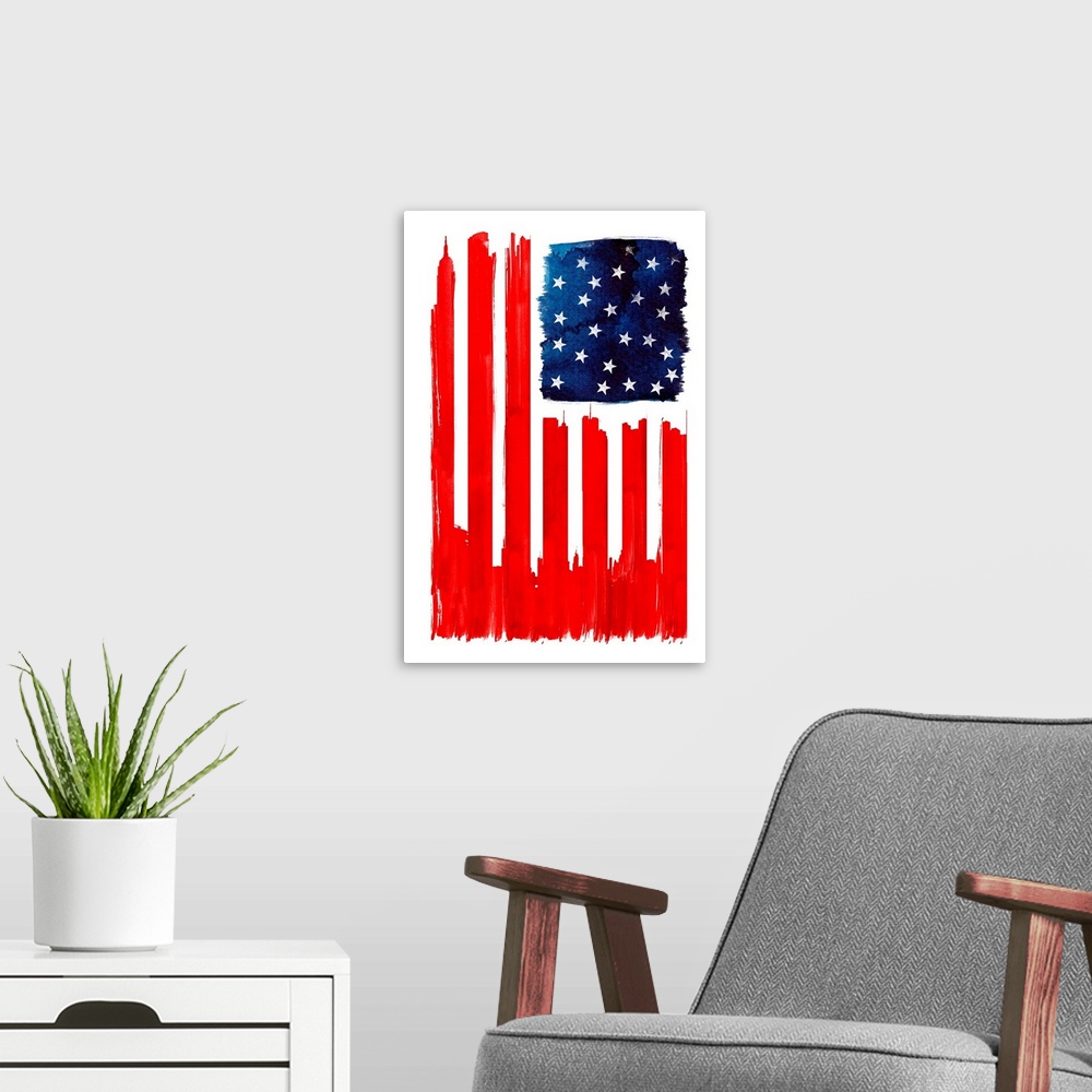 A modern room featuring Pop art of a skyline of skyscrapers and a starry sky resembling the American flag.