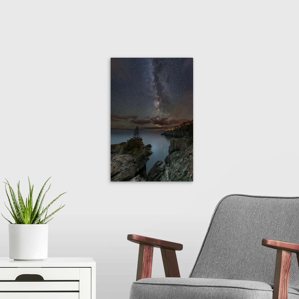 A modern room featuring Long exposure photograph of the starry night sky over the Quoddy Channel at Quoddy Head State Par...