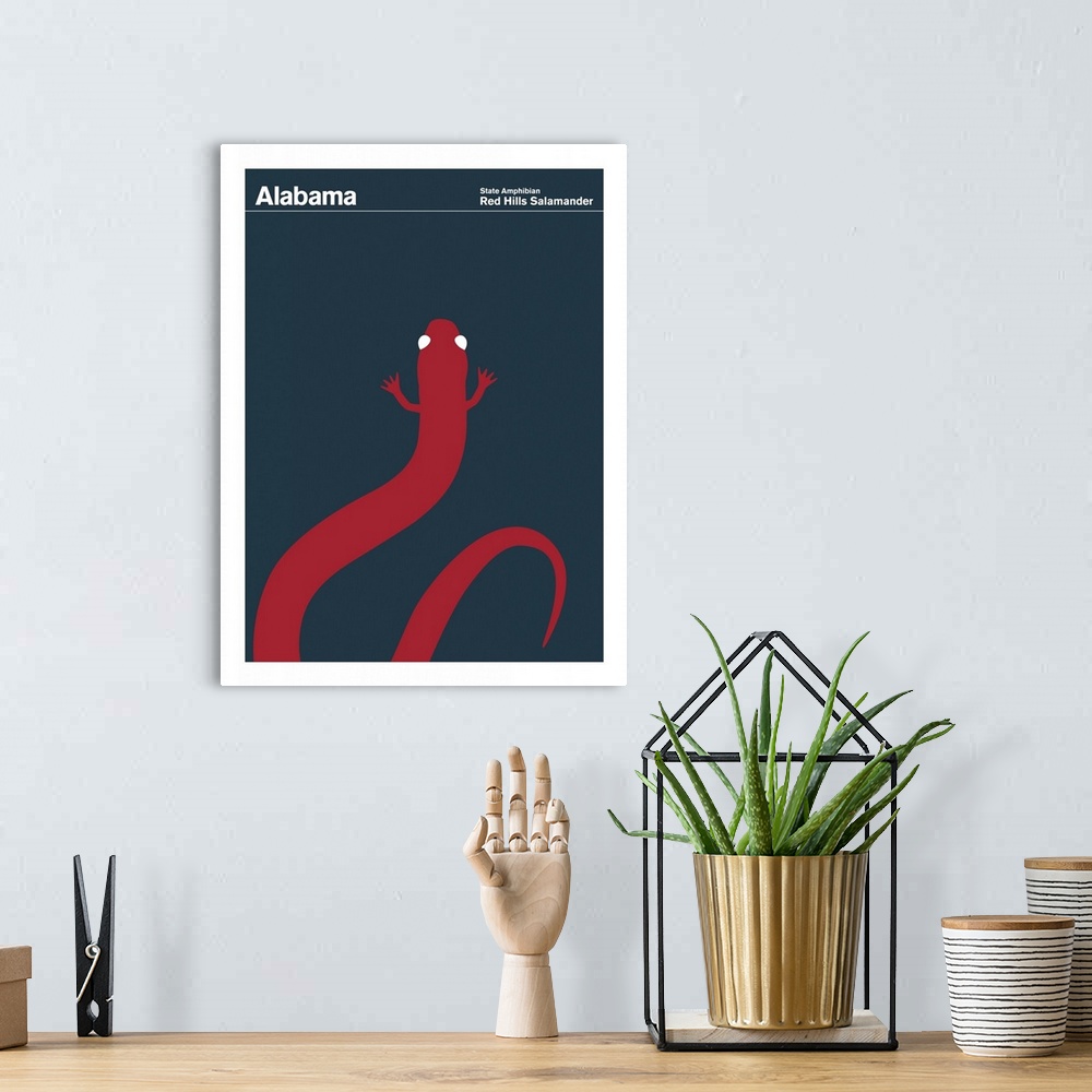 A bohemian room featuring State Posters - Alabama State Amphibian: Red Hills Salamander