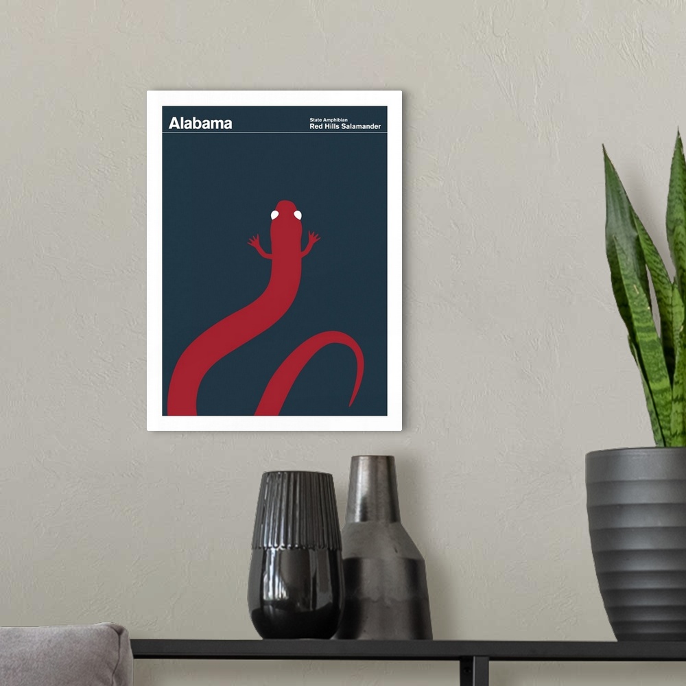 A modern room featuring State Posters - Alabama State Amphibian: Red Hills Salamander