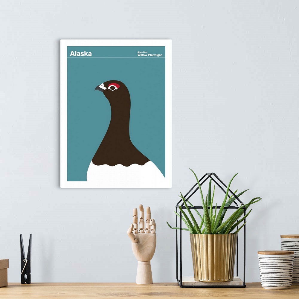 A bohemian room featuring State Posters - Alaska State Bird: Willow Ptarmigan