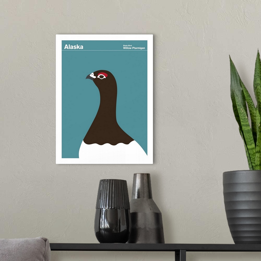 A modern room featuring State Posters - Alaska State Bird: Willow Ptarmigan