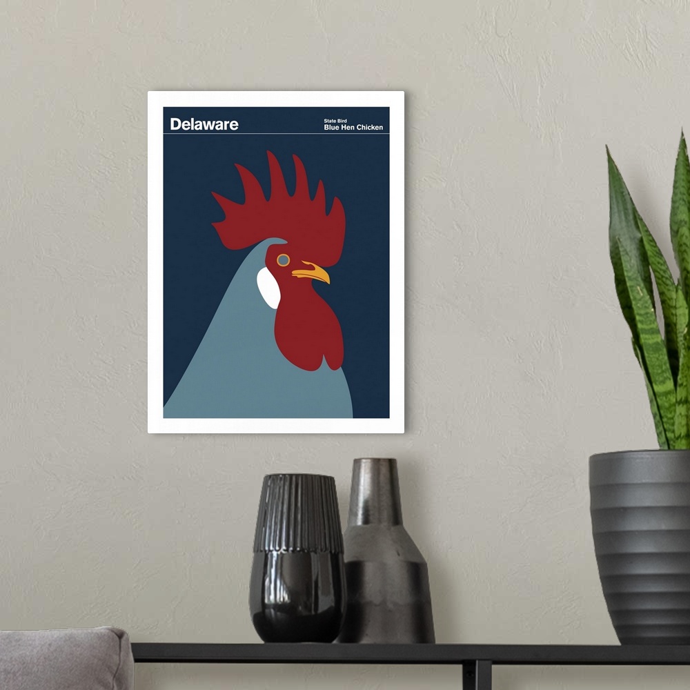 A modern room featuring State Posters - Delaware State Bird: Blue Hen Chicken