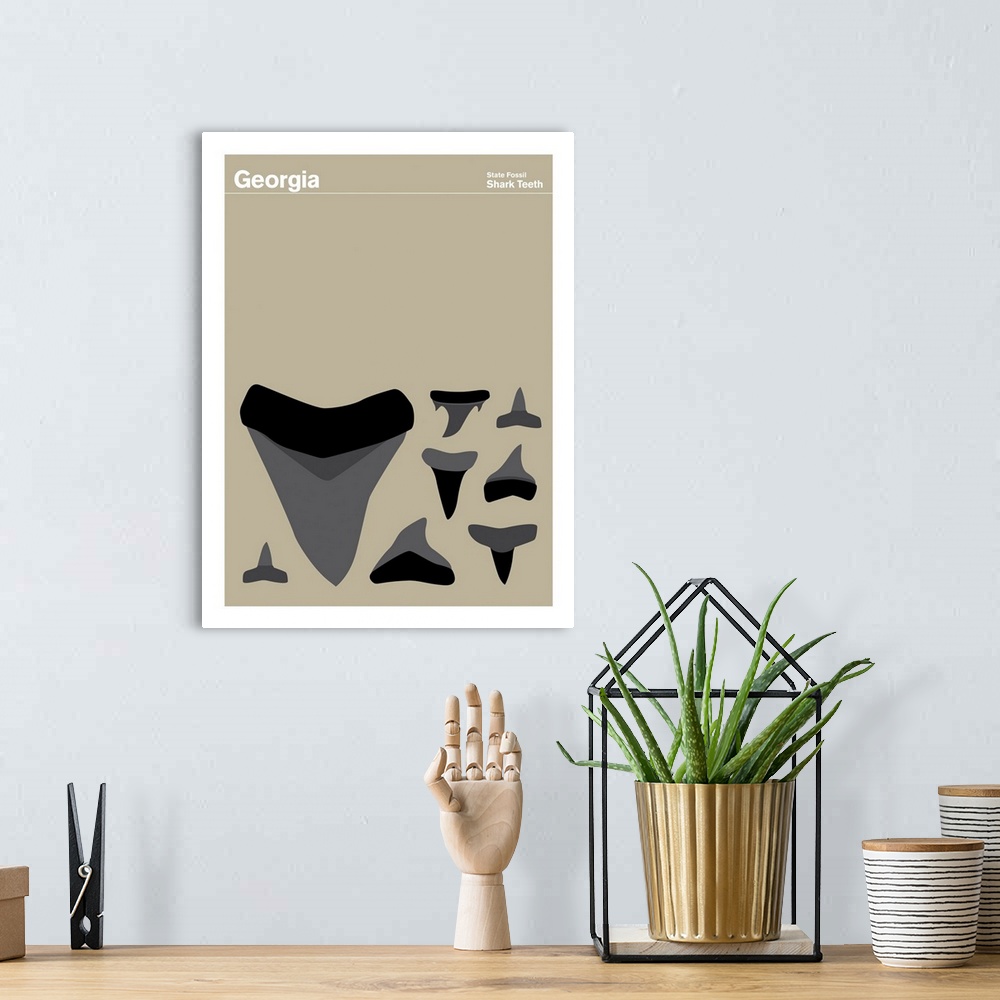 A bohemian room featuring State Posters - Georgia State Fossil: Shark Teeth