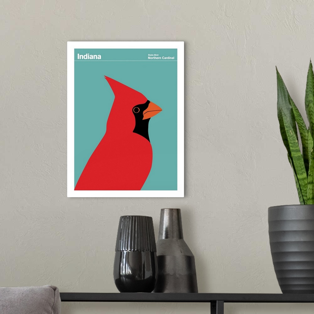 A modern room featuring State Posters - Indiana State Bird: Northern Cardinal