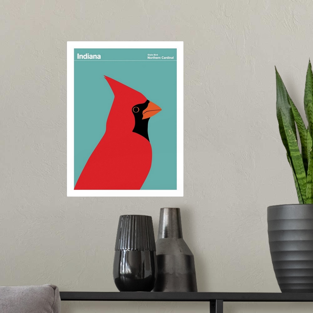 A modern room featuring State Posters - Indiana State Bird: Northern Cardinal