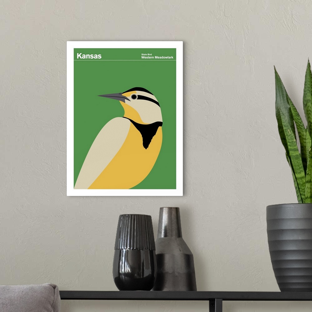 A modern room featuring State Posters - Kansas State Bird: Western Meadowlark