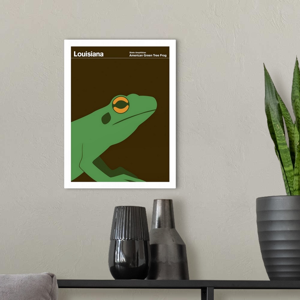 A modern room featuring State Posters - Louisiana State Amphibian: American Green Tree Frog