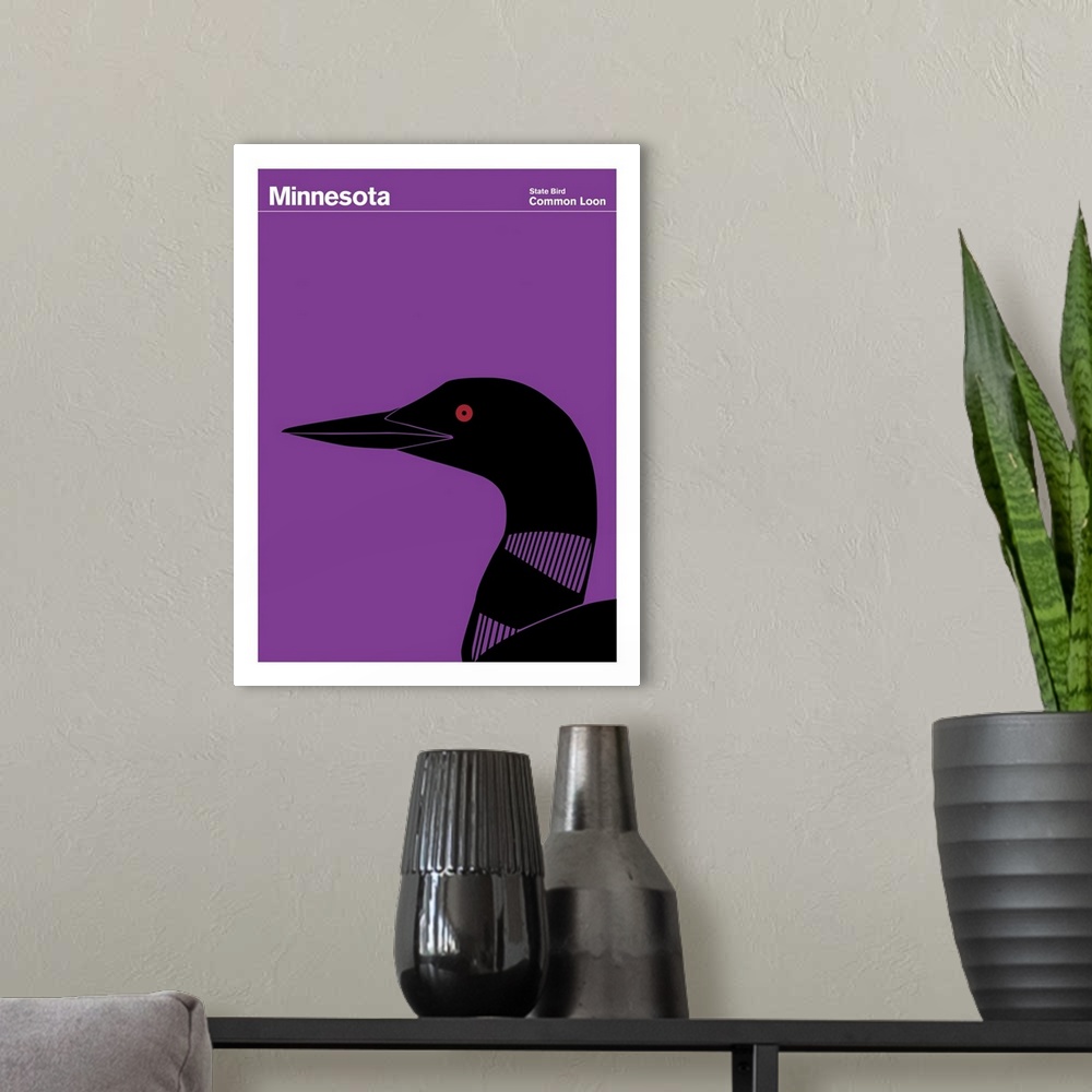 A modern room featuring State Posters - Minnesota State Bird: Common Loon