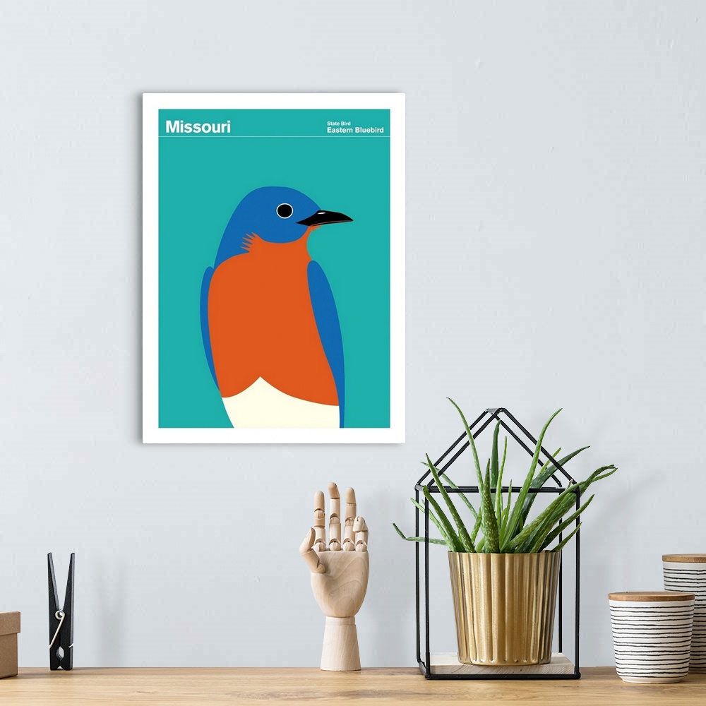 A bohemian room featuring State Posters - Missouri State Bird: Eastern Bluebird
