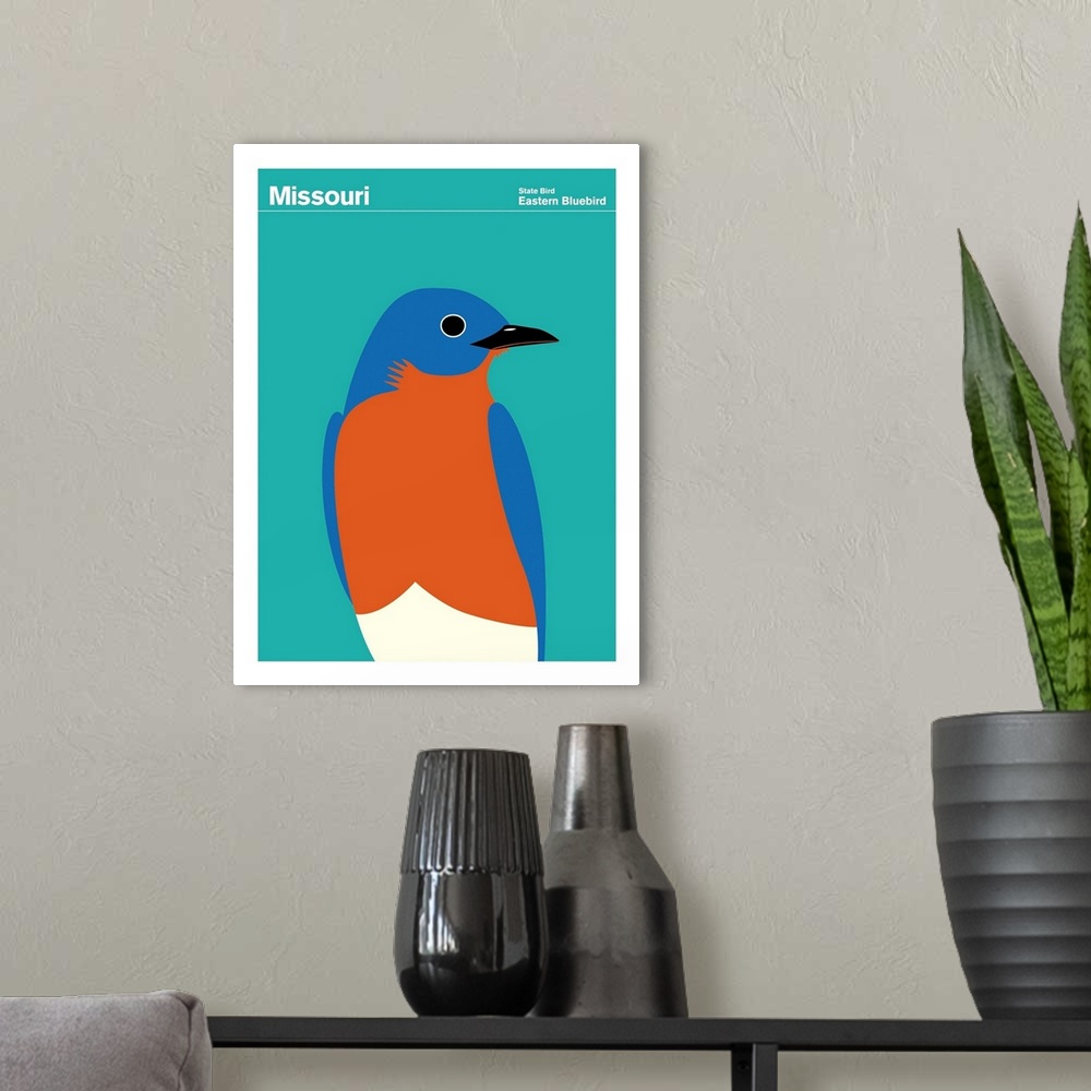 A modern room featuring State Posters - Missouri State Bird: Eastern Bluebird