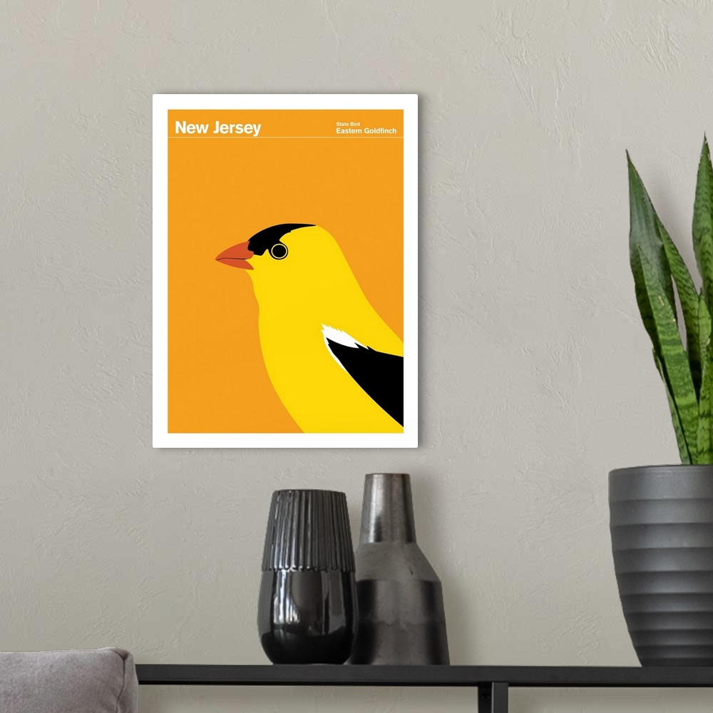 A modern room featuring State Posters - New Jersey State Bird: Eastern Goldfinch