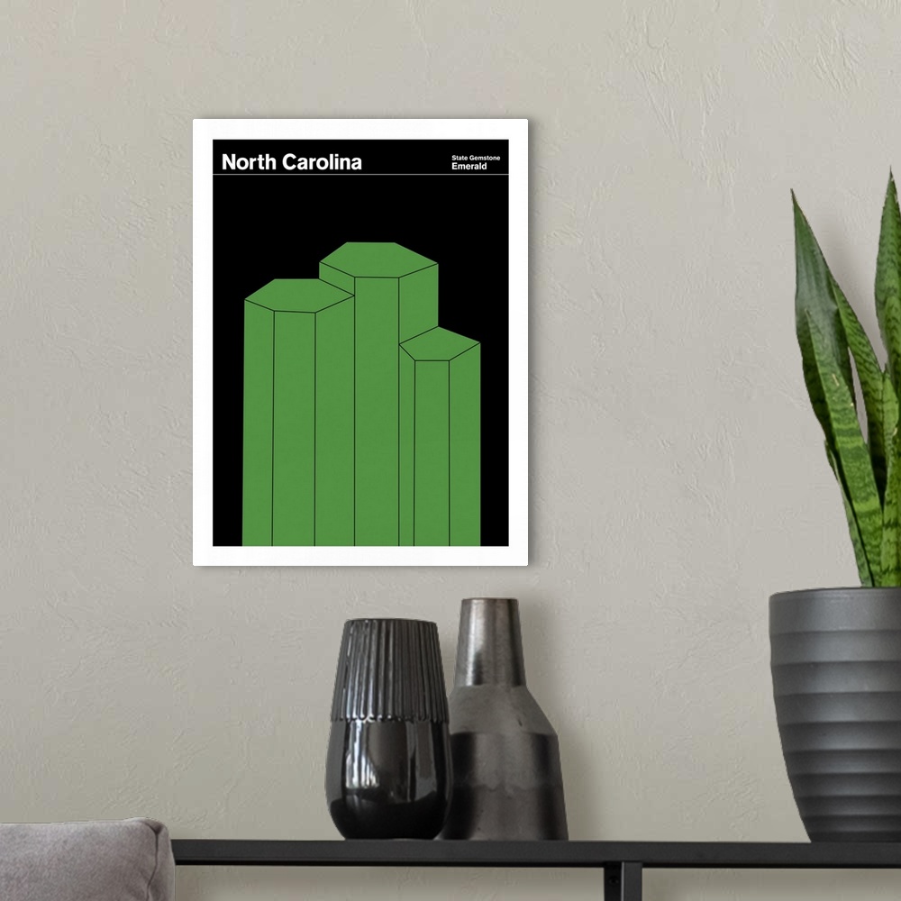 A modern room featuring State Posters - North Carolina State Gemstone: Emerald