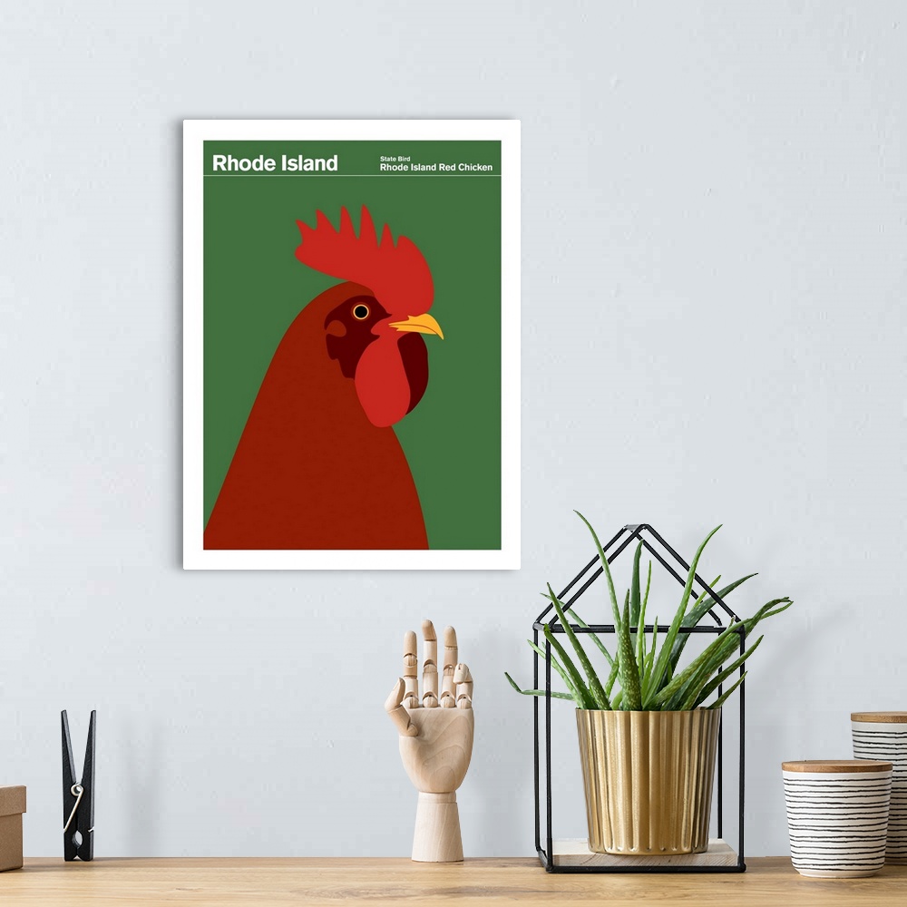 A bohemian room featuring State Posters - Rhode Island State Bird: Rhode Island Red Chicken