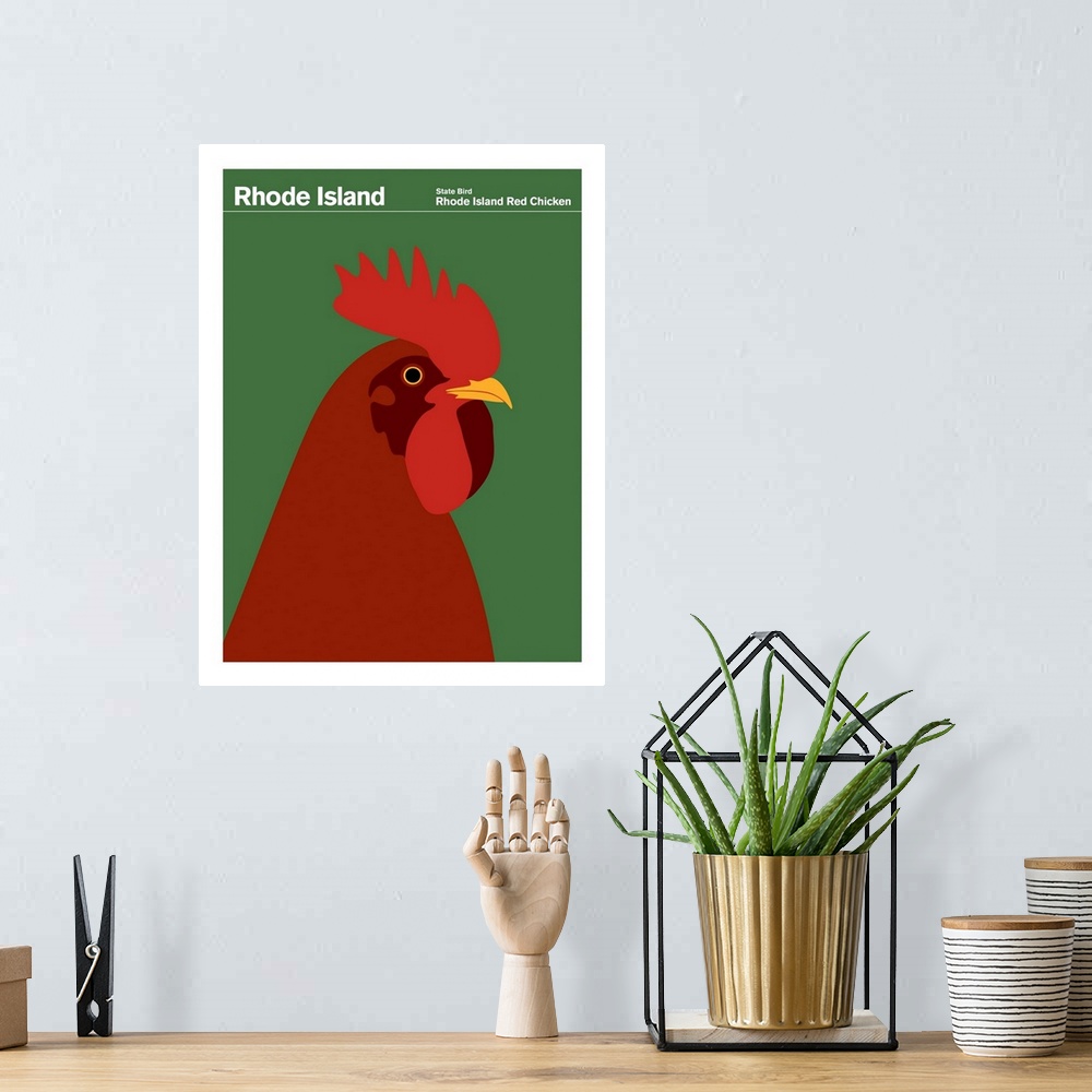 A bohemian room featuring State Posters - Rhode Island State Bird: Rhode Island Red Chicken