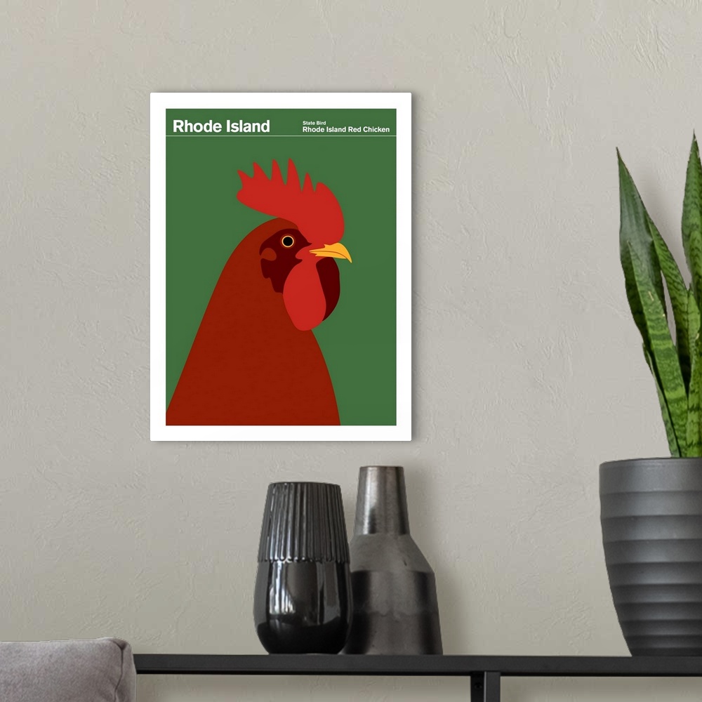 A modern room featuring State Posters - Rhode Island State Bird: Rhode Island Red Chicken