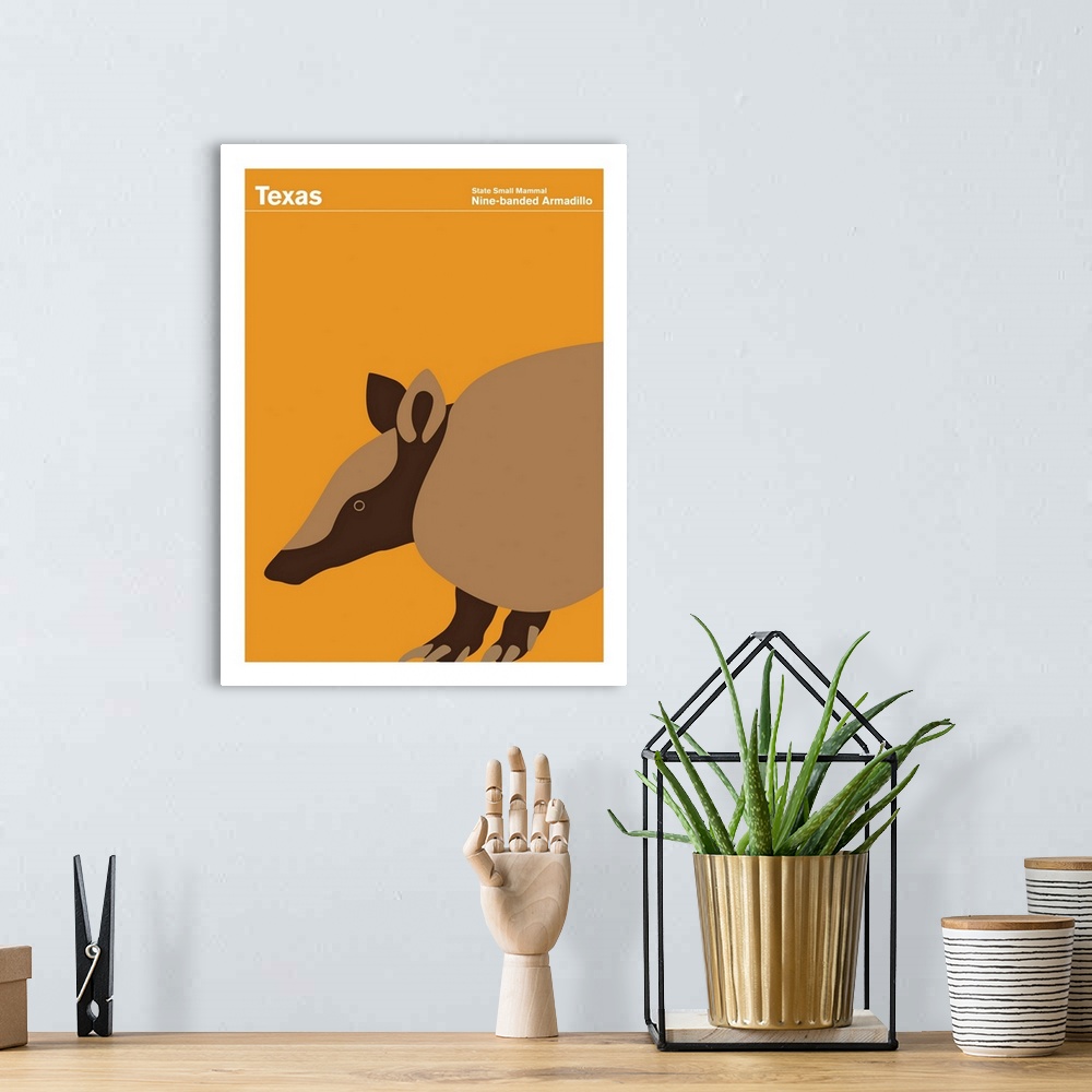A bohemian room featuring State Posters - Texas State Small Mammal: Nine-banded Armadillo