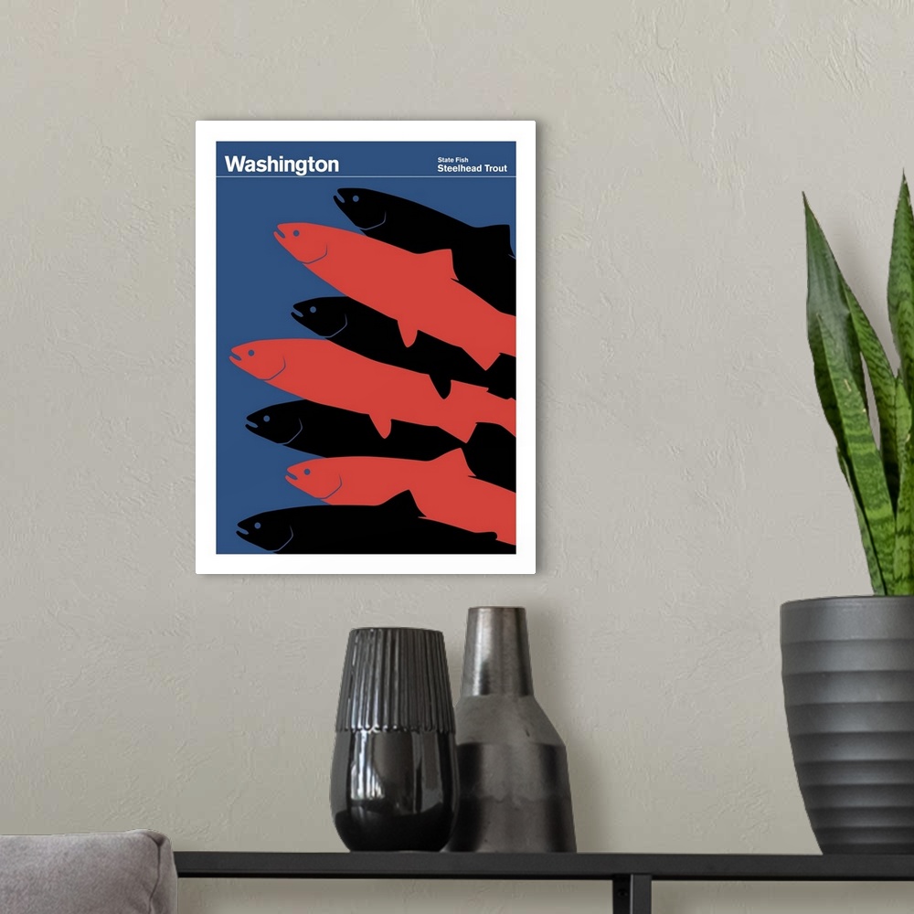 A modern room featuring State Posters - Washington State Fish: Steelhead Trout