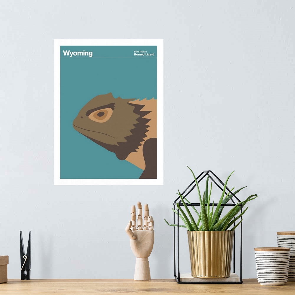 A bohemian room featuring State Posters - Wyoming State Reptile: Horned Lizard