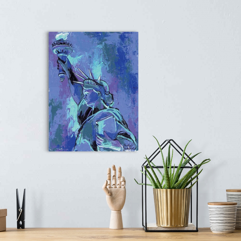 A bohemian room featuring A portrait of the statue of liberty in violets and blues.