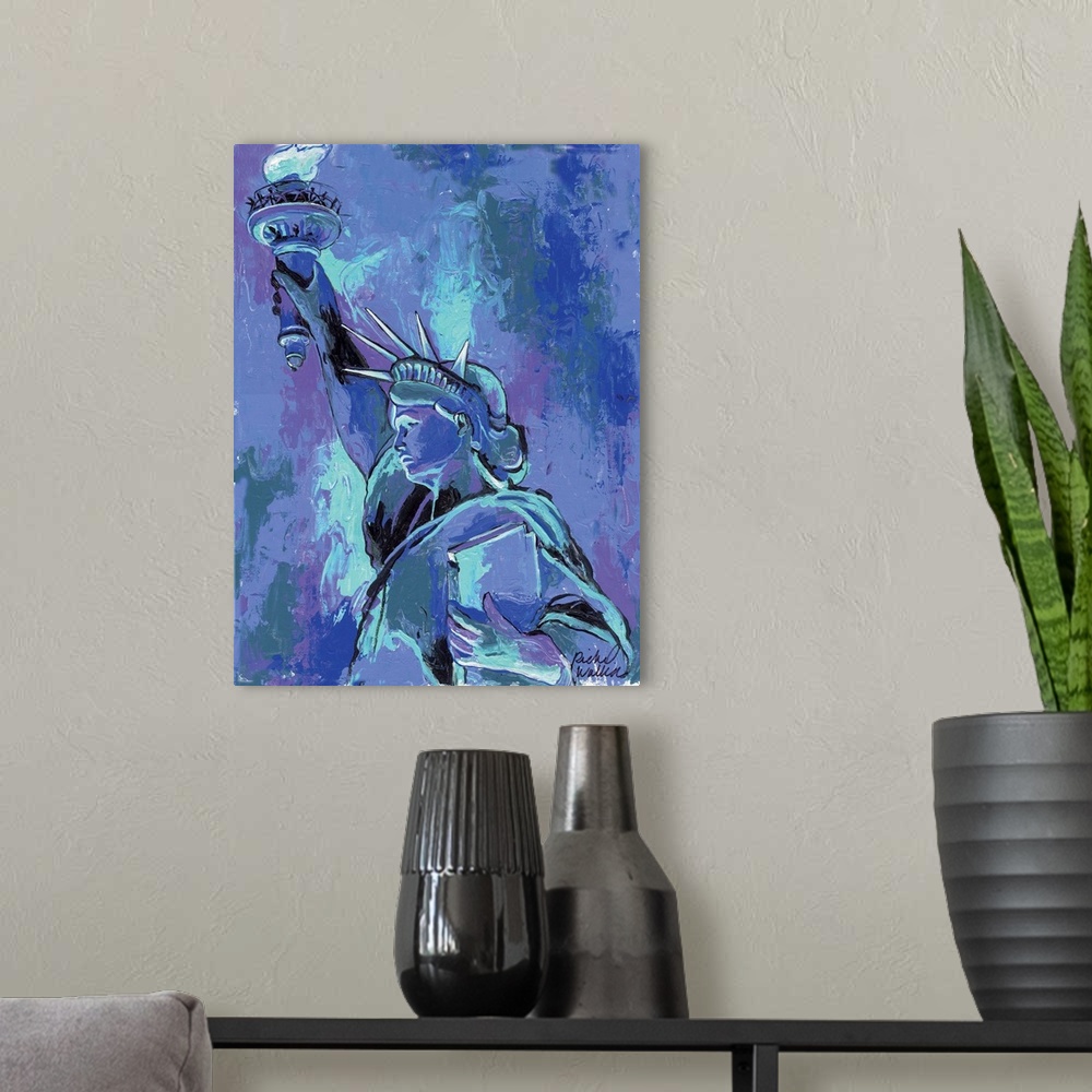 A modern room featuring A portrait of the statue of liberty in violets and blues.