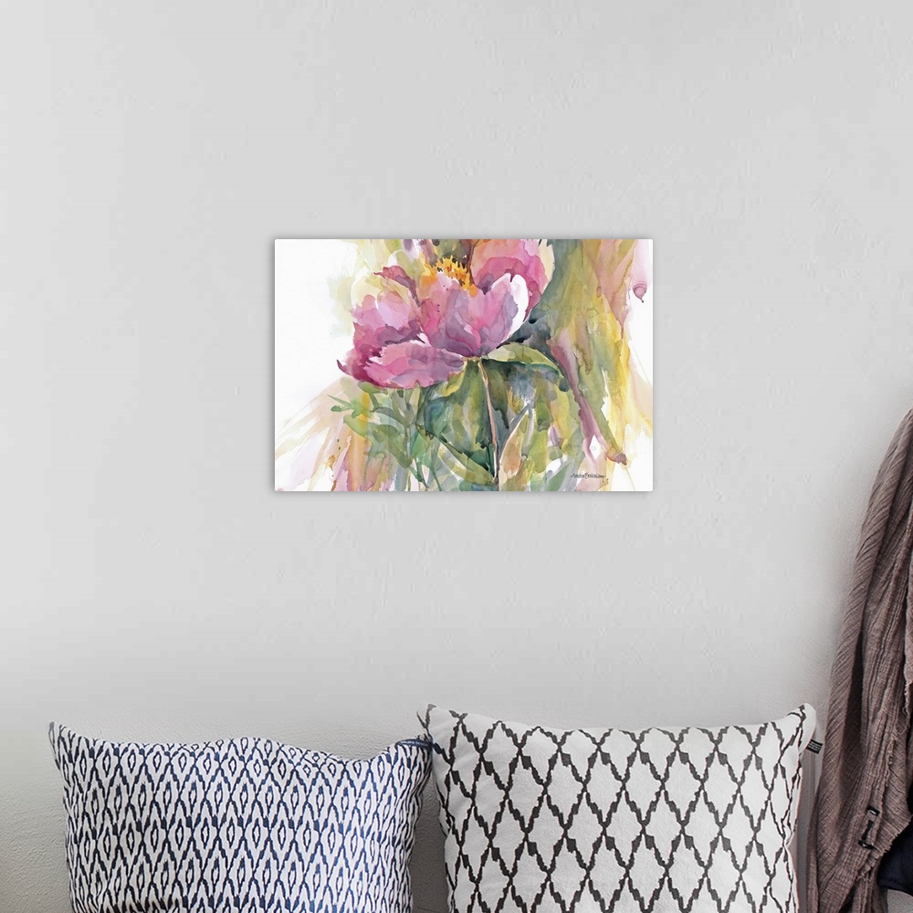 A bohemian room featuring Contemporary watercolor painting of pink flowers.