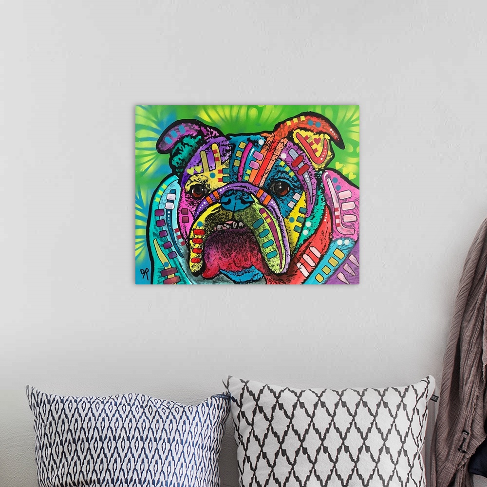 A bohemian room featuring Contemporary stencil painting of an english bulldog filled with various colors and patterns.
