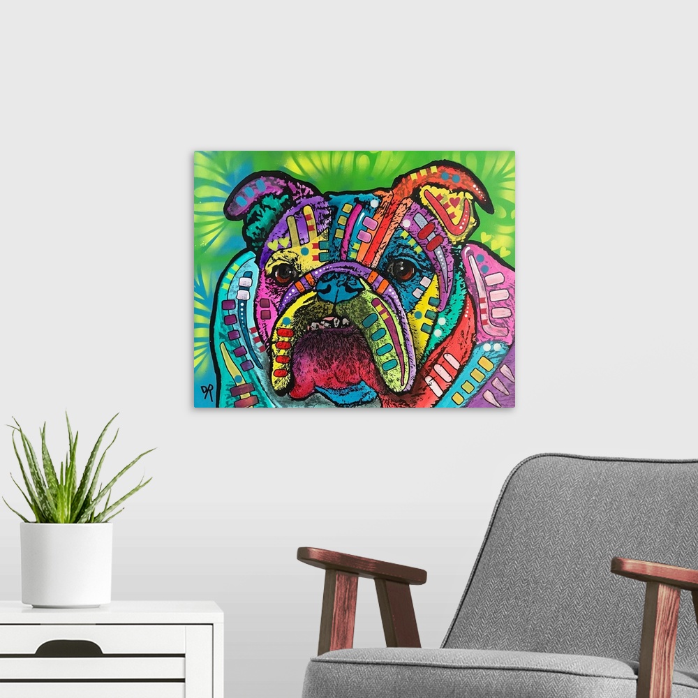 A modern room featuring Contemporary stencil painting of an english bulldog filled with various colors and patterns.