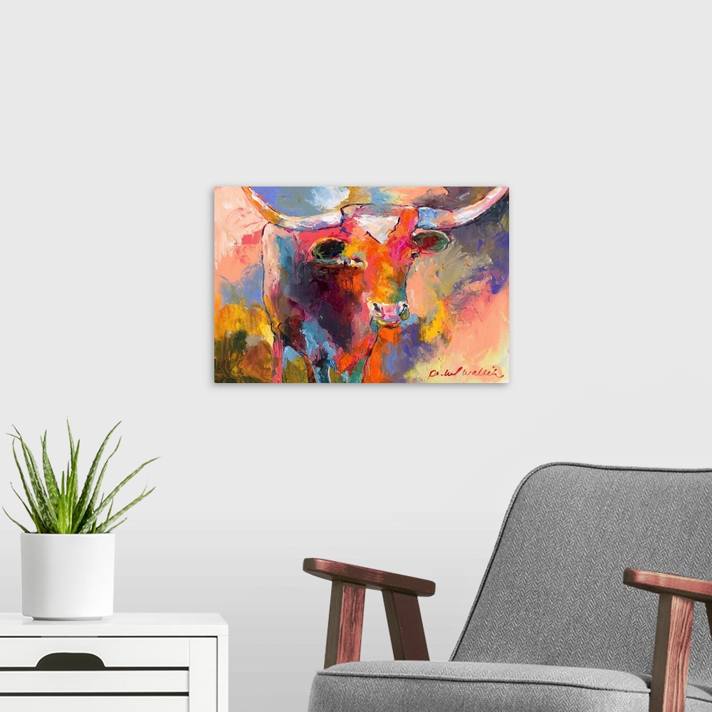 A modern room featuring Colorful abstract painting of a bull.