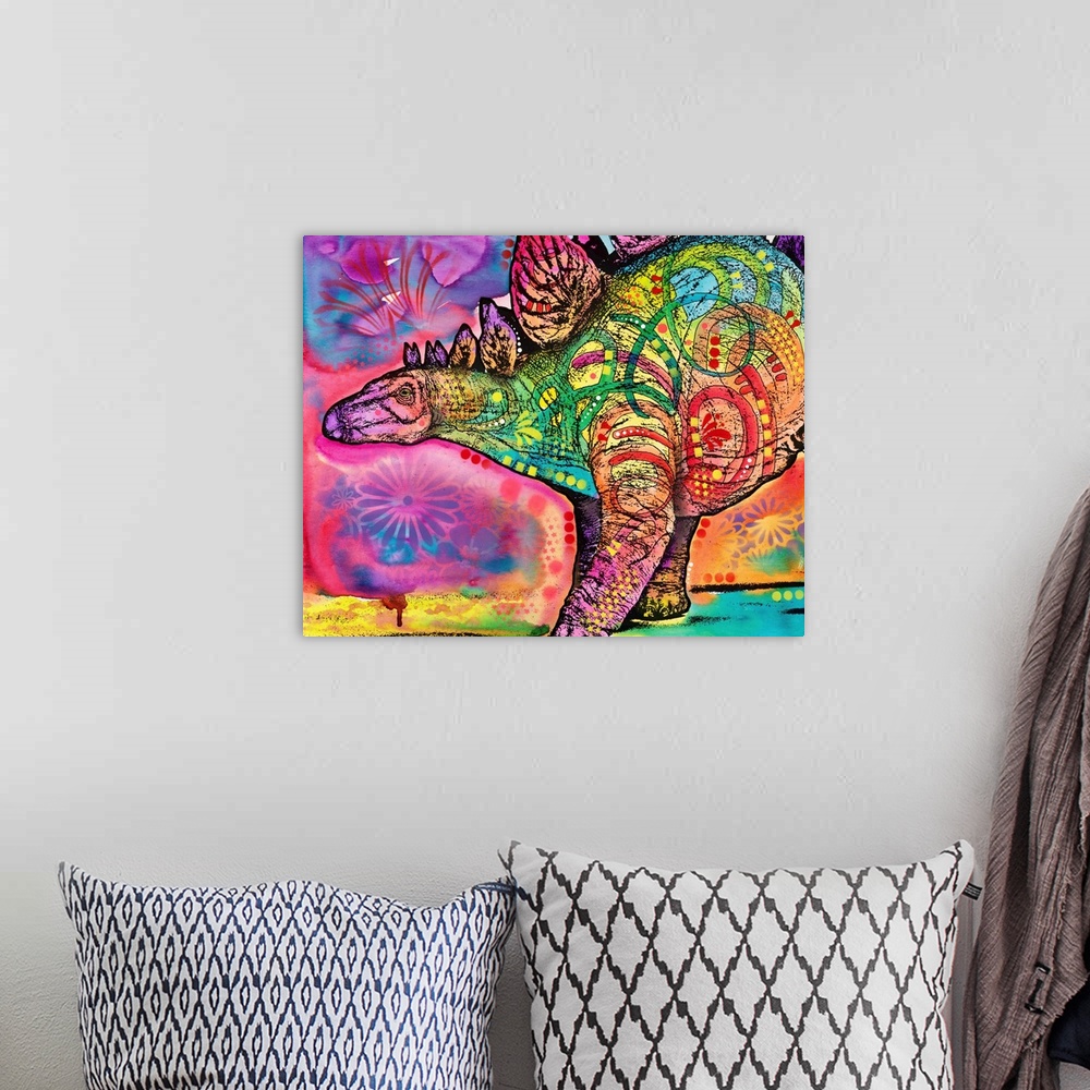 A bohemian room featuring Colorful painting of a Stegosaurus with abstract markings.